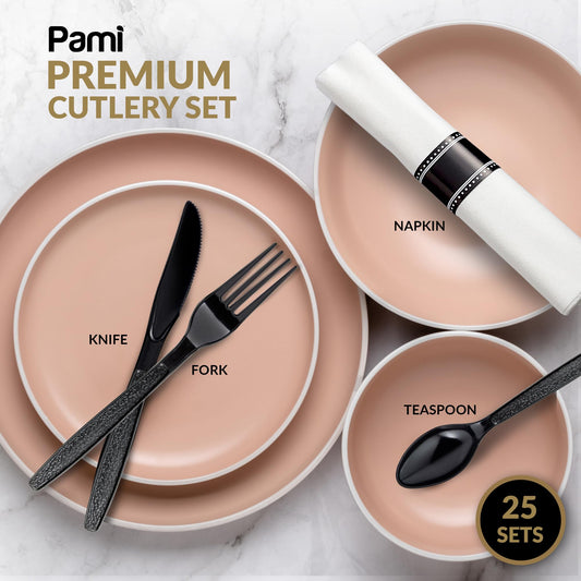 Premium Black Heavy-Weight Disposable Plastic Cutlery Set – Fork, Spoons, Knife & Napkin, 25 Sets