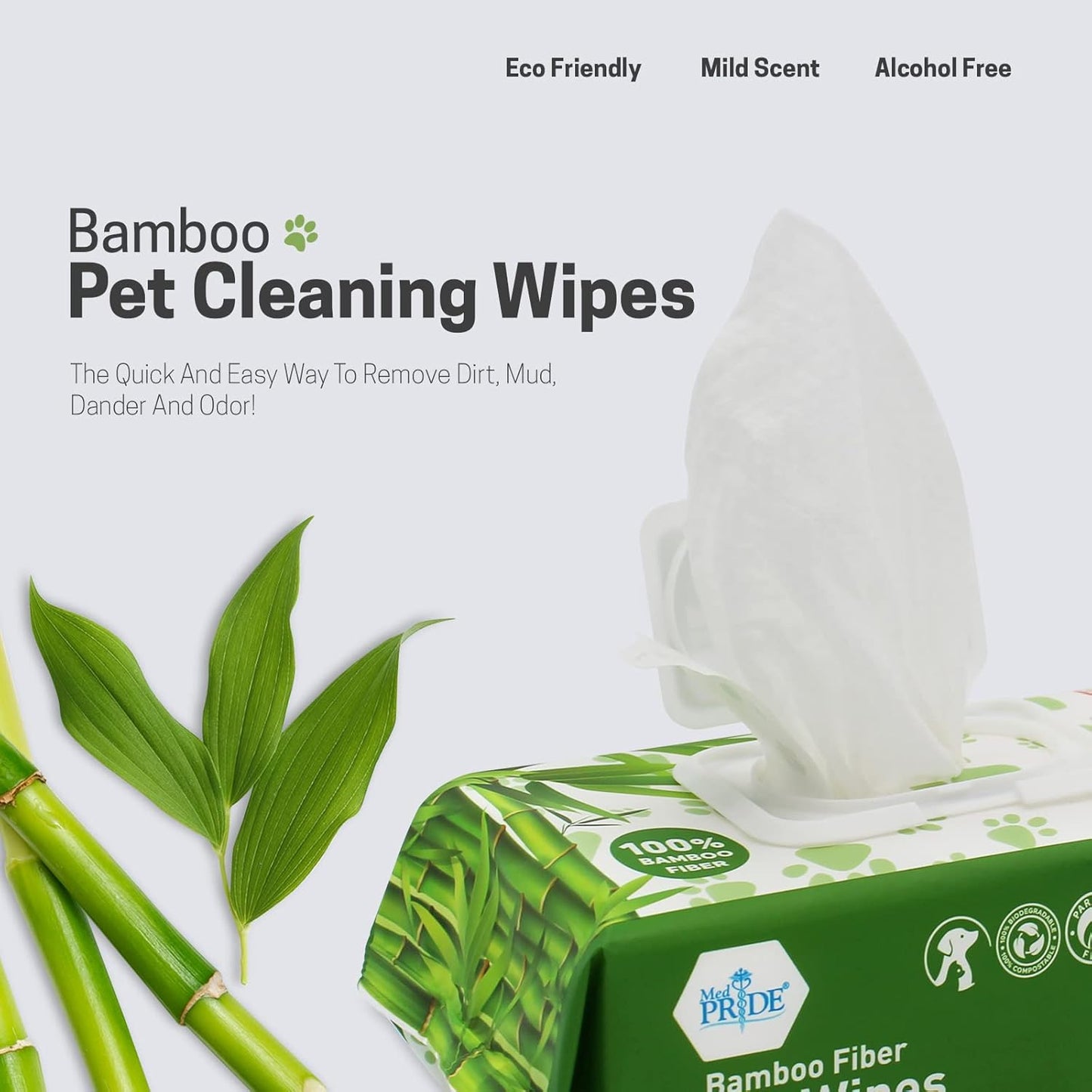 Bamboo Fiber Pet Wipes – 8" × 8", Hypoallergenic, Alcohol-Free