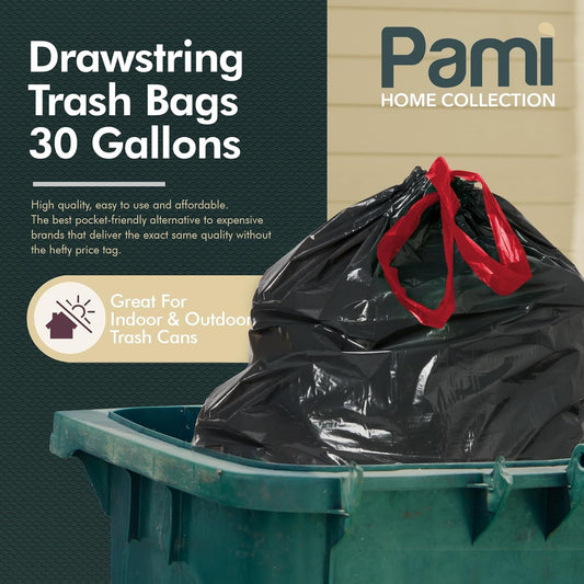 Heavy Duty 30 Gallon Drawstring Trash Bags – Black, Pack of 8