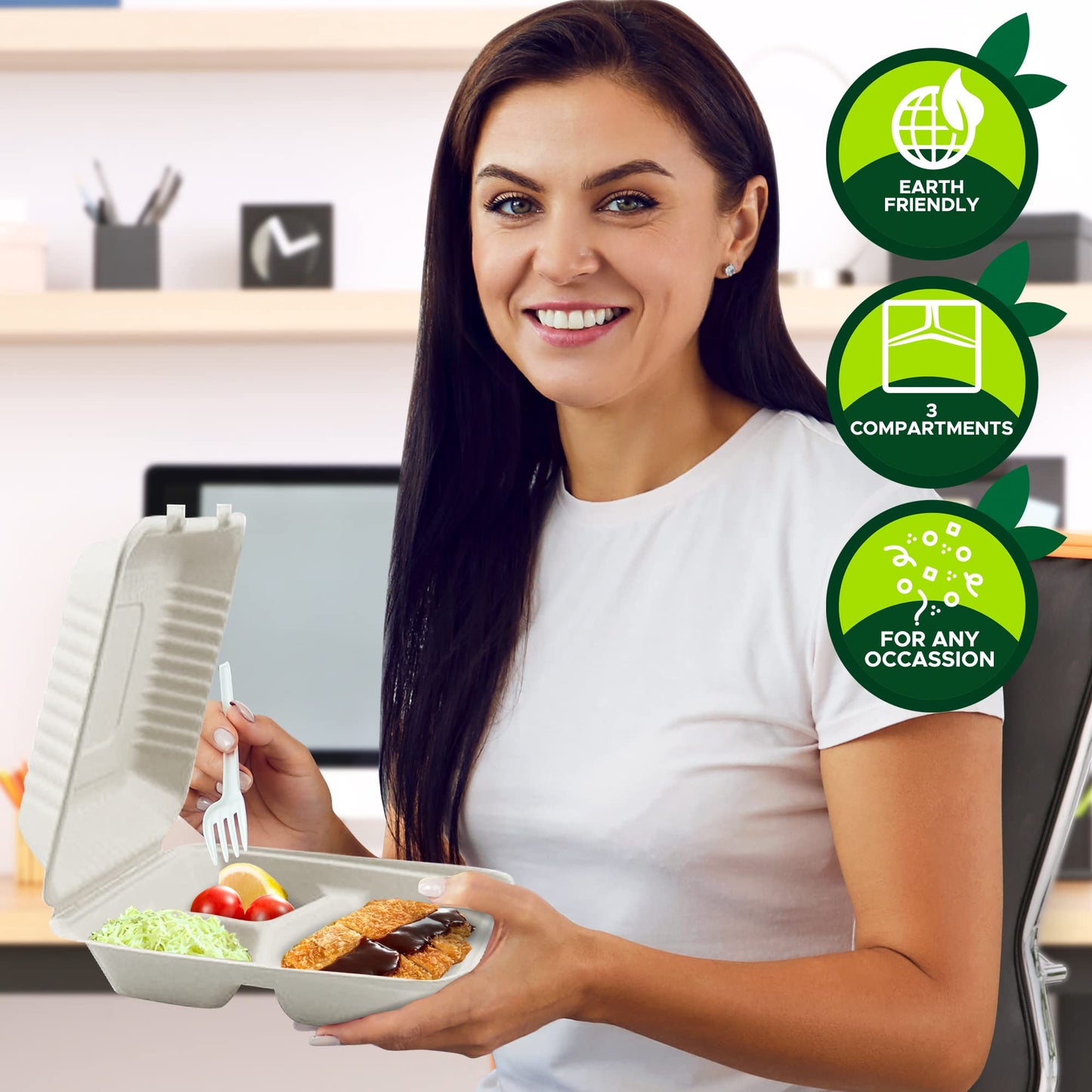 8x8” Biodegradable 3-Compartment Clamshell food Takeout Containers