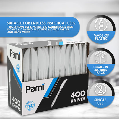 Medium-Weight Disposable Plastic Utensils – White Forks, Spoons & Knives 400-Pack