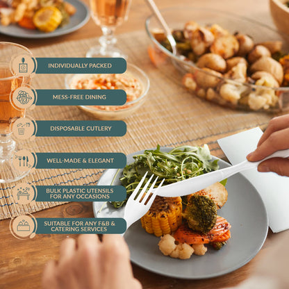 Disposable White Heavy-Weight Plastic Cutlery Set – Fork, Knife, Spoon & Napkin – 250 Sets
