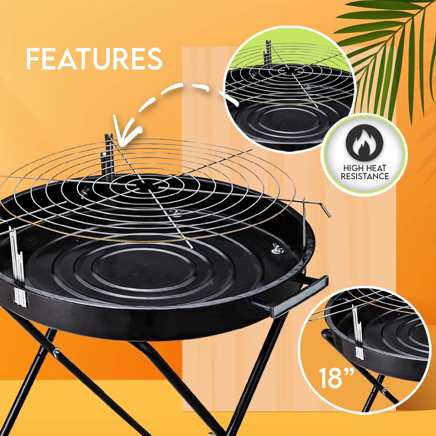 Round BBQ Charcoal Grill - Portable Outdoor Standing Grill