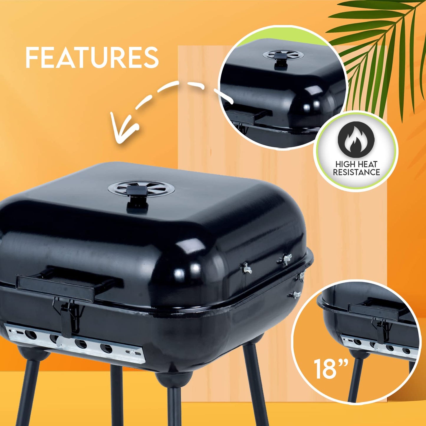 Portable 18" Charcoal BBQ Square Grill with Wheels & Cover