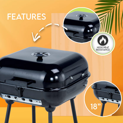 Portable 18" Charcoal BBQ Square Grill with Wheels & Cover