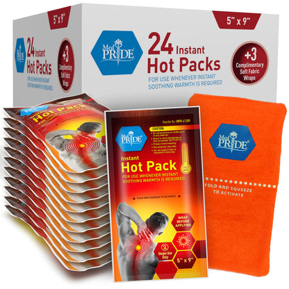 Instant Hot Packs – 5 × 9 in, 24 Pack + 3 Reusable Fabric Wraps