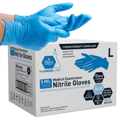5 Mil Blue Nitrile Examination Gloves, Chemo Compliant - Box of 100