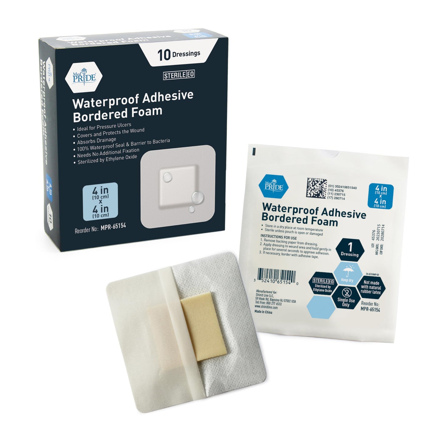 4x4 Foam Wound Dressing, 10 Count, Waterproof Silicone Adhesive Border
