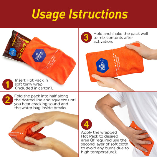 Instant Hot Packs – 5 × 9 in, 24 Pack + 3 Reusable Fabric Wraps