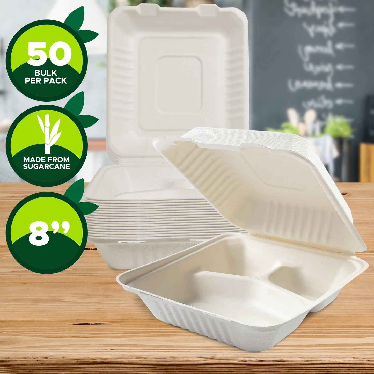 8x8” Biodegradable 3-Compartment Clamshell food Takeout Containers
