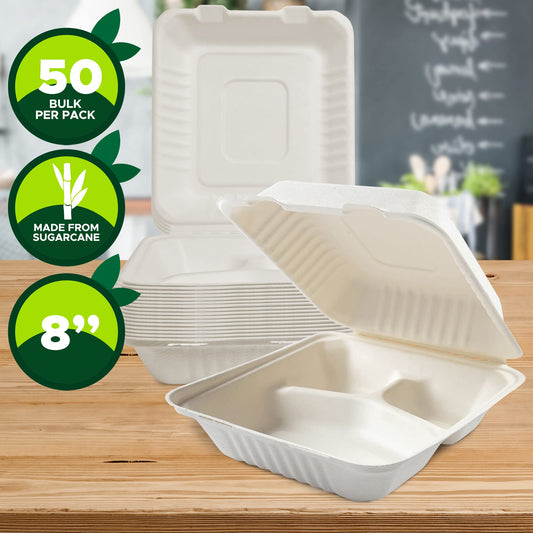 8x8” Biodegradable 3-Compartment Clamshell food Takeout Containers