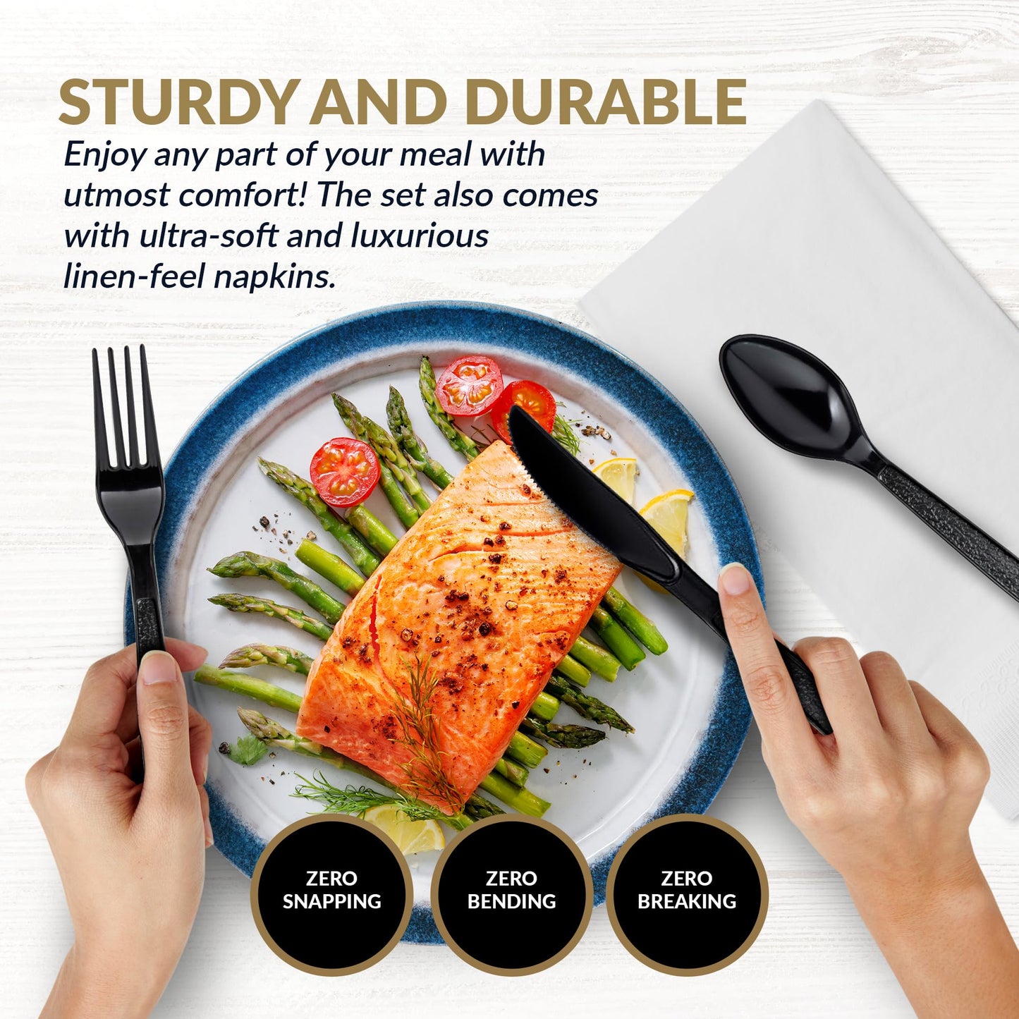 Premium Black Heavy-Weight Disposable Plastic Cutlery Set – Fork, Spoons, Knife & Napkin, 25 Sets