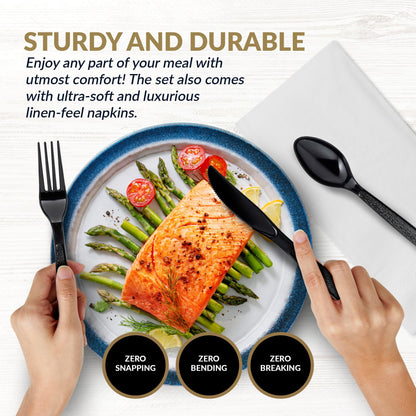 Premium Black Heavy-Weight Disposable Plastic Cutlery Set – Fork, Spoons, Knife & Napkin, 25 Sets