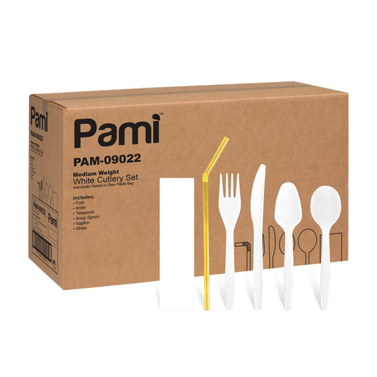 Medium-Weight White Plastic Cutlery Sets –  Utensils, Napkin & Straw 250 Sets