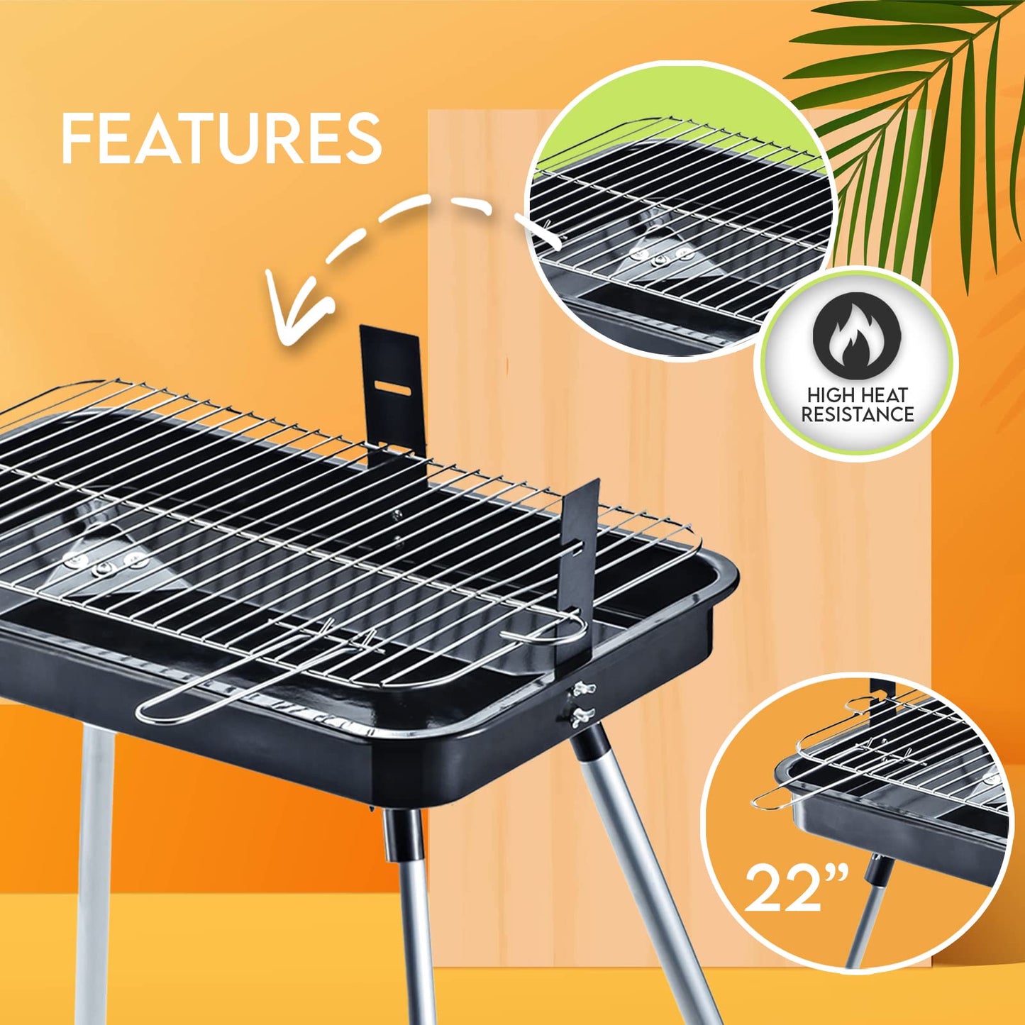 22" Portable Rectangle Charcoal BBQ Grill with Stand