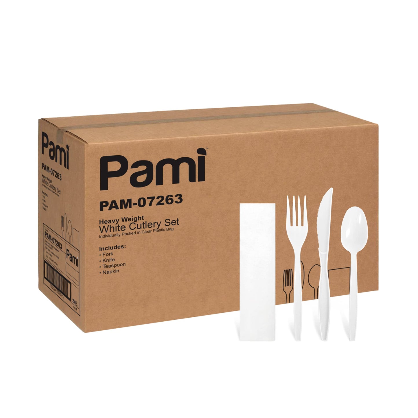 Disposable White Heavy-Weight Plastic Cutlery Set – Fork, Knife, Spoon & Napkin – 250 Sets