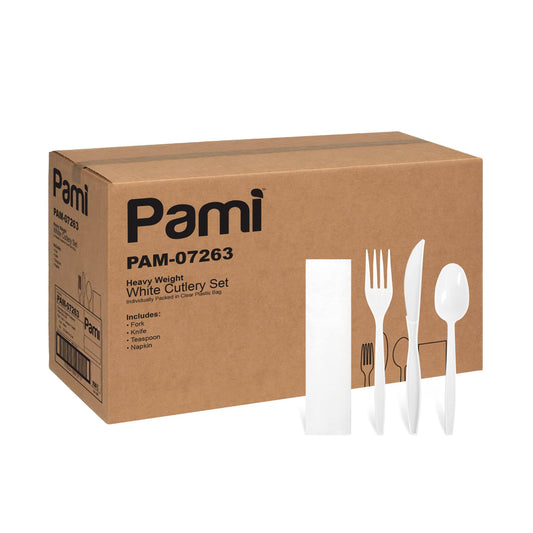 Heavy-Weight White Plastic Cutlery Set – Fork, Knife, Spoon & Napkin – 250 Sets