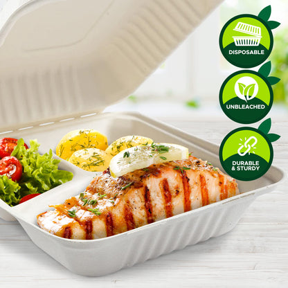 8x8” Biodegradable 3-Compartment Clamshell food Takeout Containers