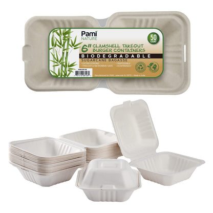 6x6” Biodegradable Clamshell Takeout Food Containers