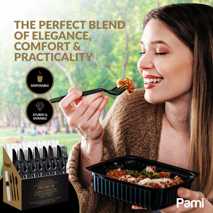 Premium Black Heavy-Weight Disposable Plastic Cutlery Set – Fork, Spoons, Knife & Napkin, 25 Sets
