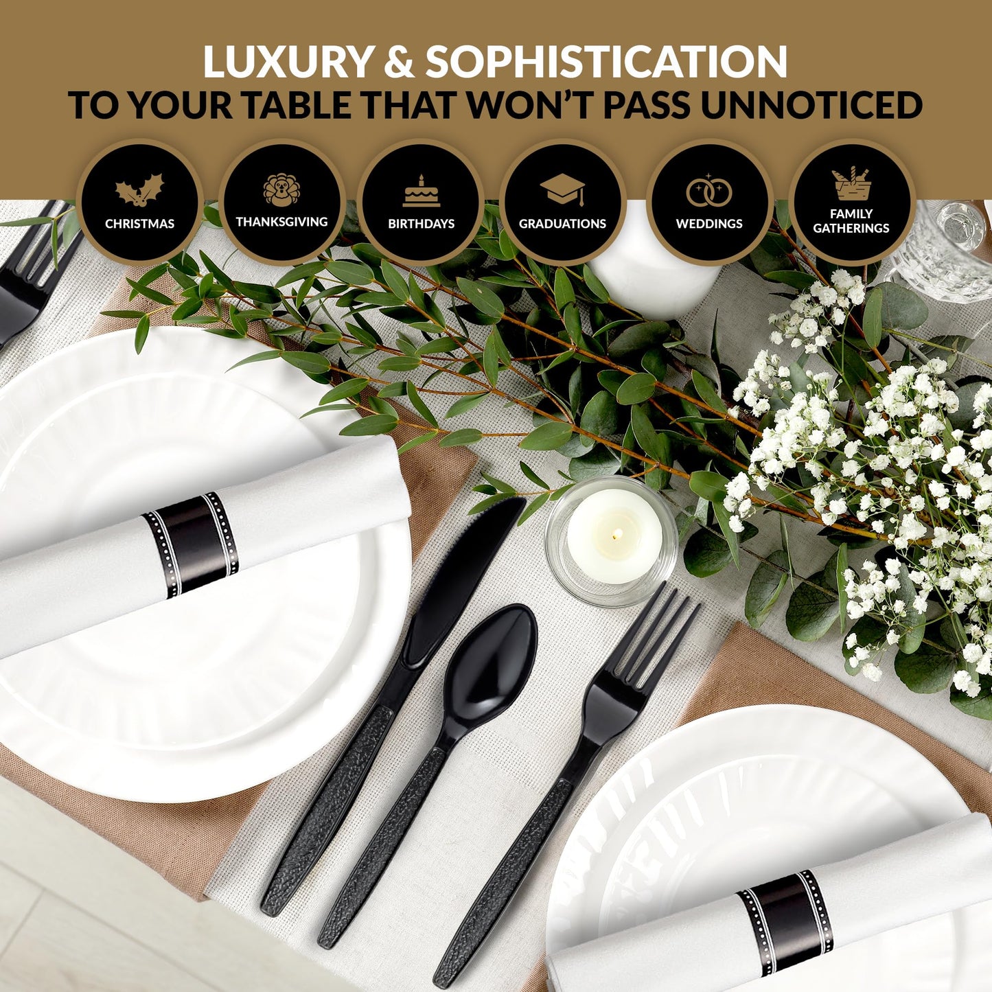 Premium Black Heavy-Weight Disposable Plastic Cutlery Set – Fork, Spoons, Knife & Napkin, 25 Sets