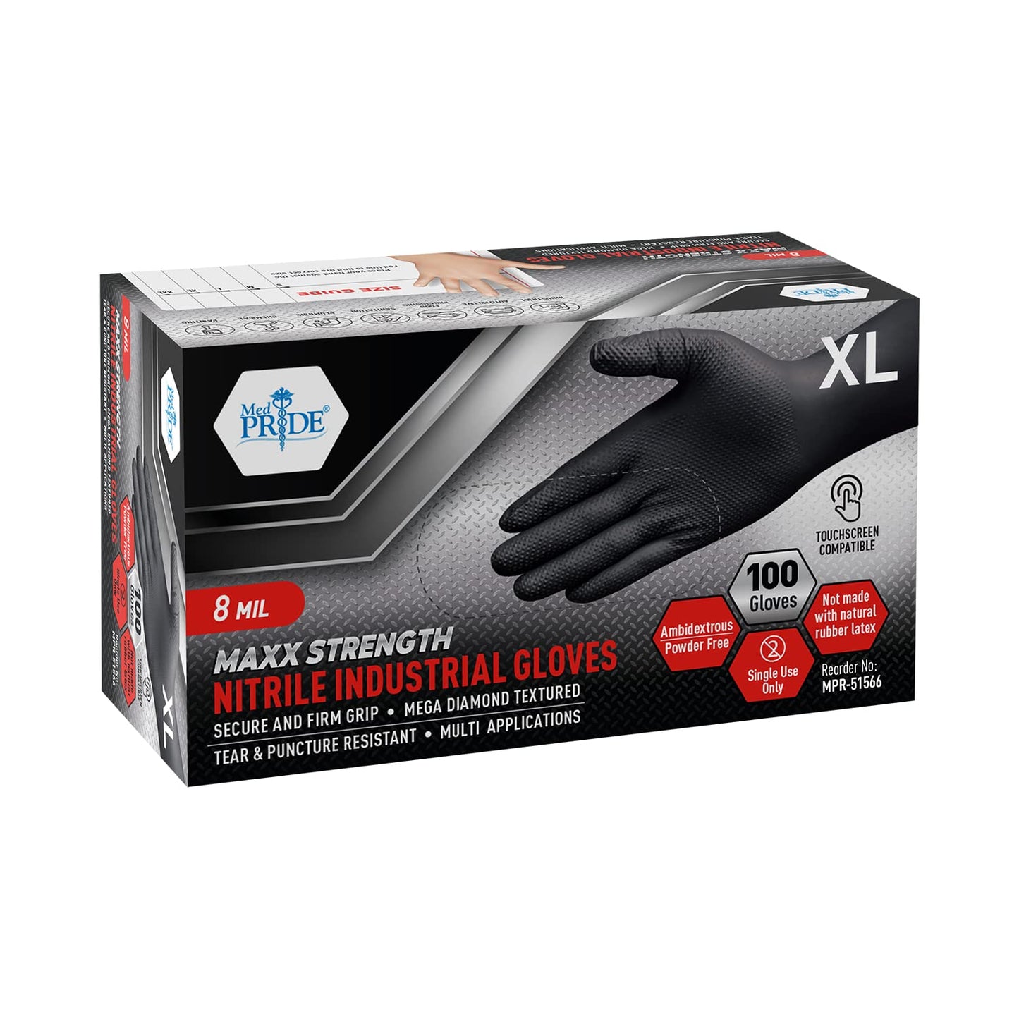 8 Mil Black Nitrile Gloves XL Powder Free Textured Touchscreen 1000ct