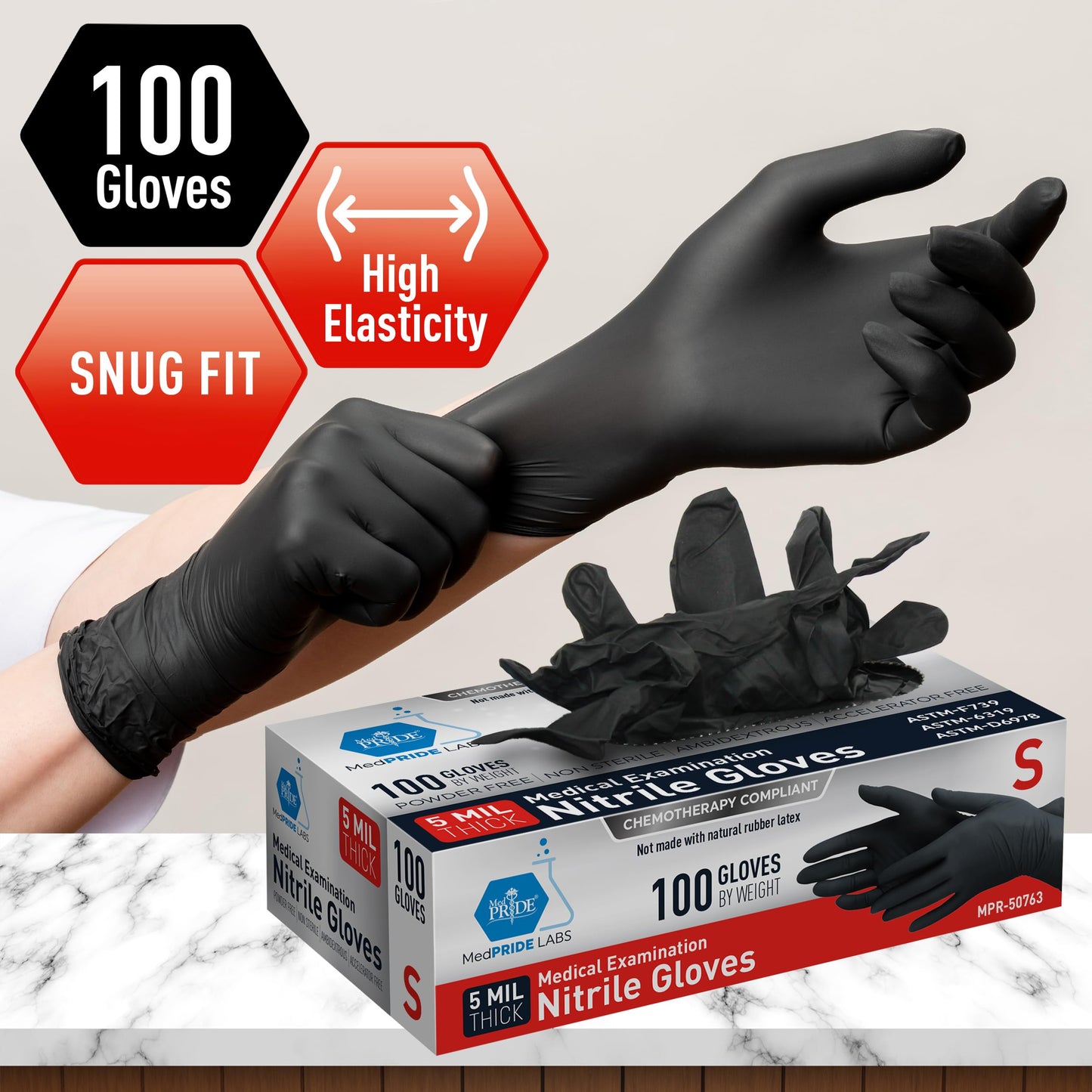 5 Mil Black Nitrile Examination Gloves, Chemo Compliant - Box of 100