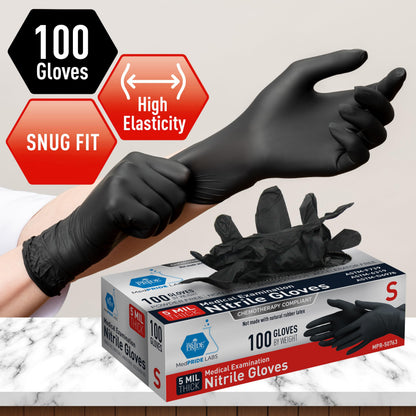 5 Mil Black Nitrile Examination Gloves, Chemo Compliant - Box of 100