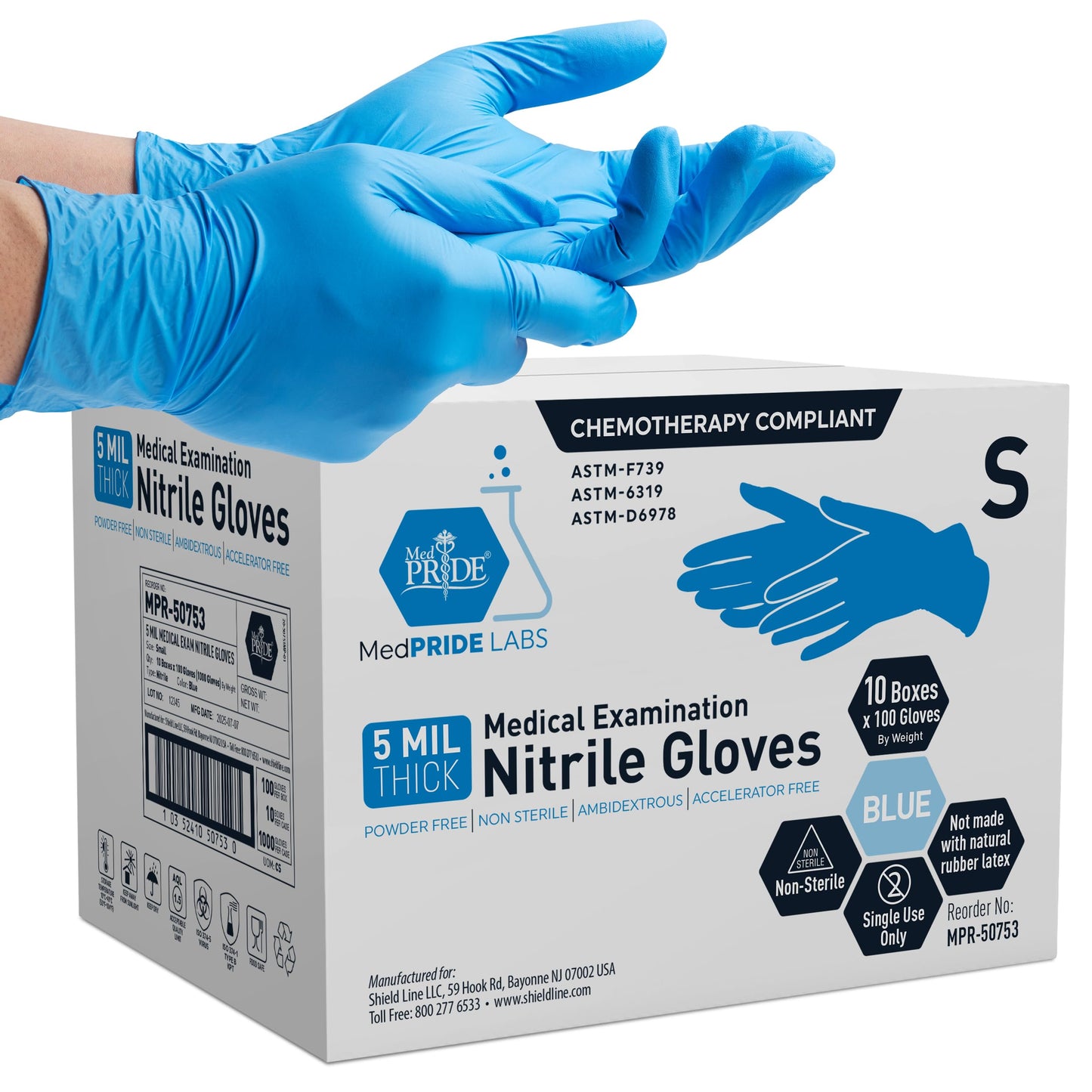 5 Mil Blue Nitrile Examination Gloves, Chemo Compliant - Box of 100