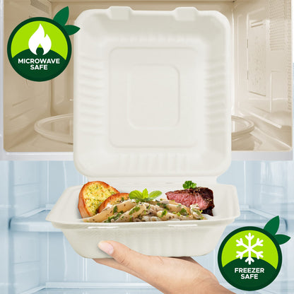 8x8” Biodegradable 3-Compartment Clamshell food Takeout Containers