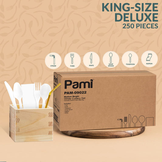 Medium-Weight White Plastic Cutlery Sets –  Utensils, Napkin & Straw 250 Sets