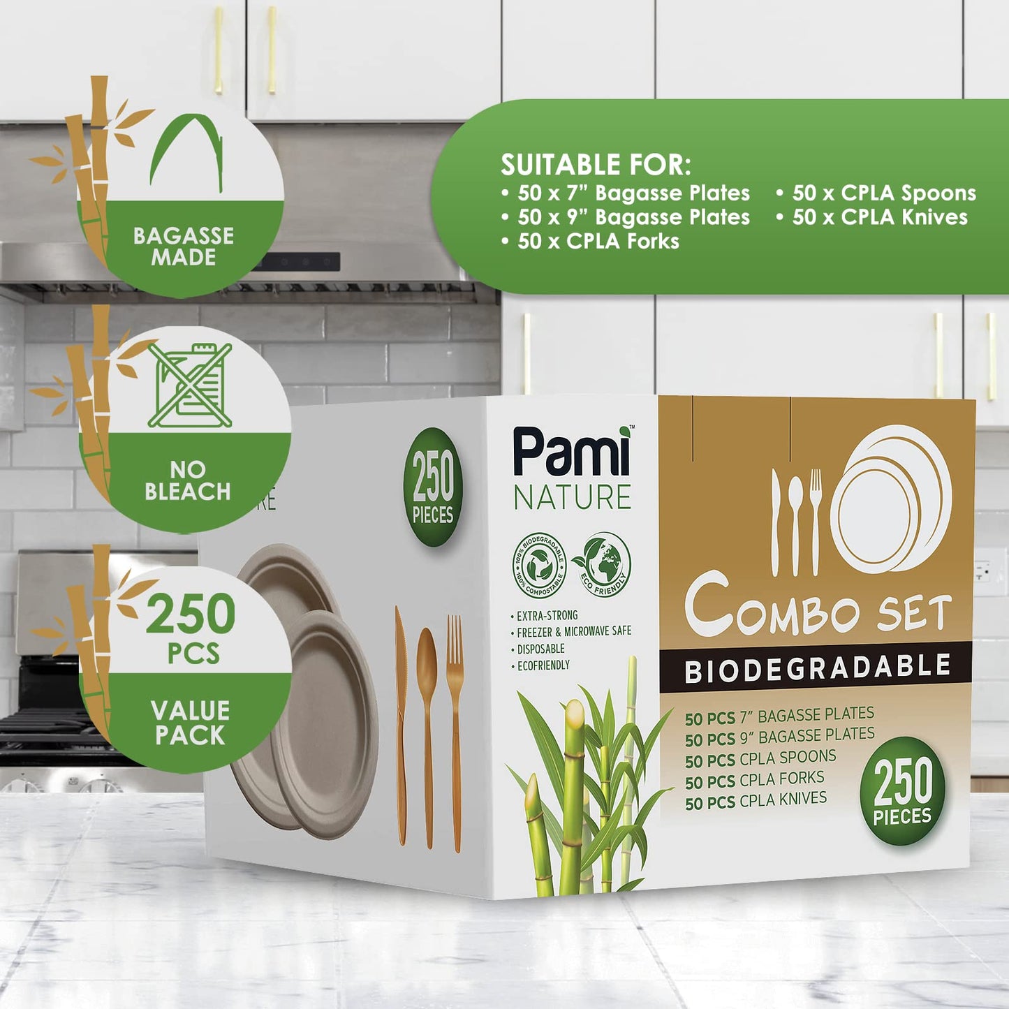 50  Compostable Dinnerware Set – Sugarcane Plates & Cutlery Bundle