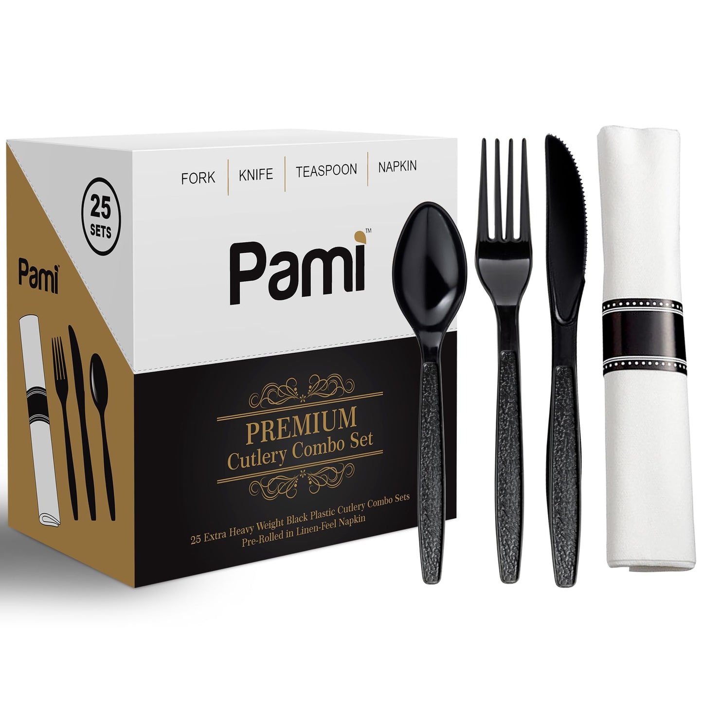 Premium Black Heavy-Weight Disposable Plastic Cutlery Set – Fork, Spoons, Knife & Napkin, 25 Sets