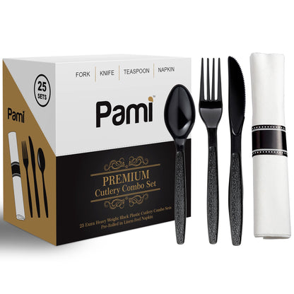Premium Black Heavy-Weight Disposable Plastic Cutlery Set – Fork, Spoons, Knife & Napkin, 25 Sets