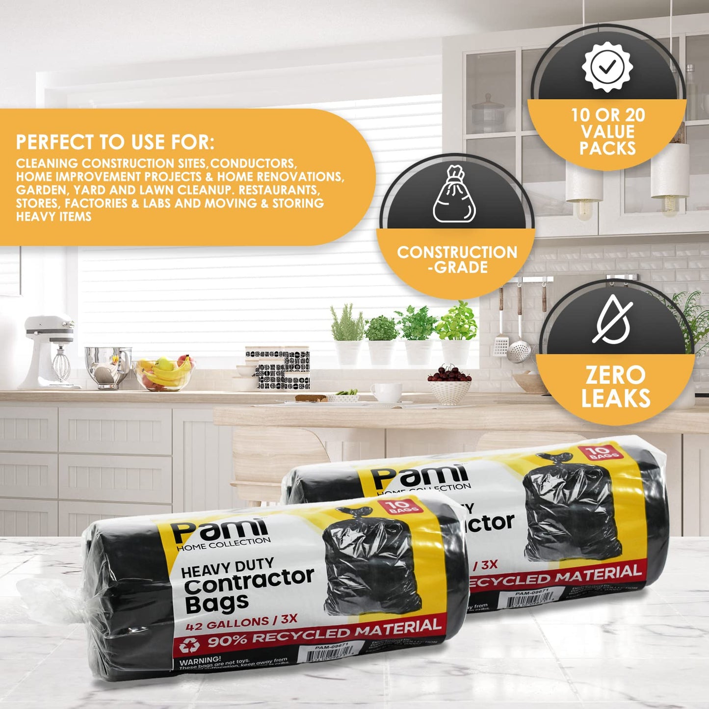 42 Gallon Heavy-Duty Contractor Trash Bags – Tear-Resistant, Black, 10 Pack