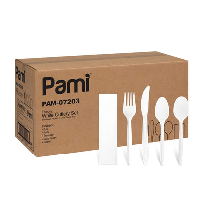 Disposable White Medium-Weight Plastic Cutlery Set – Fork, Knife, Spoon, Teaspoon & Napkin, 250 Sets