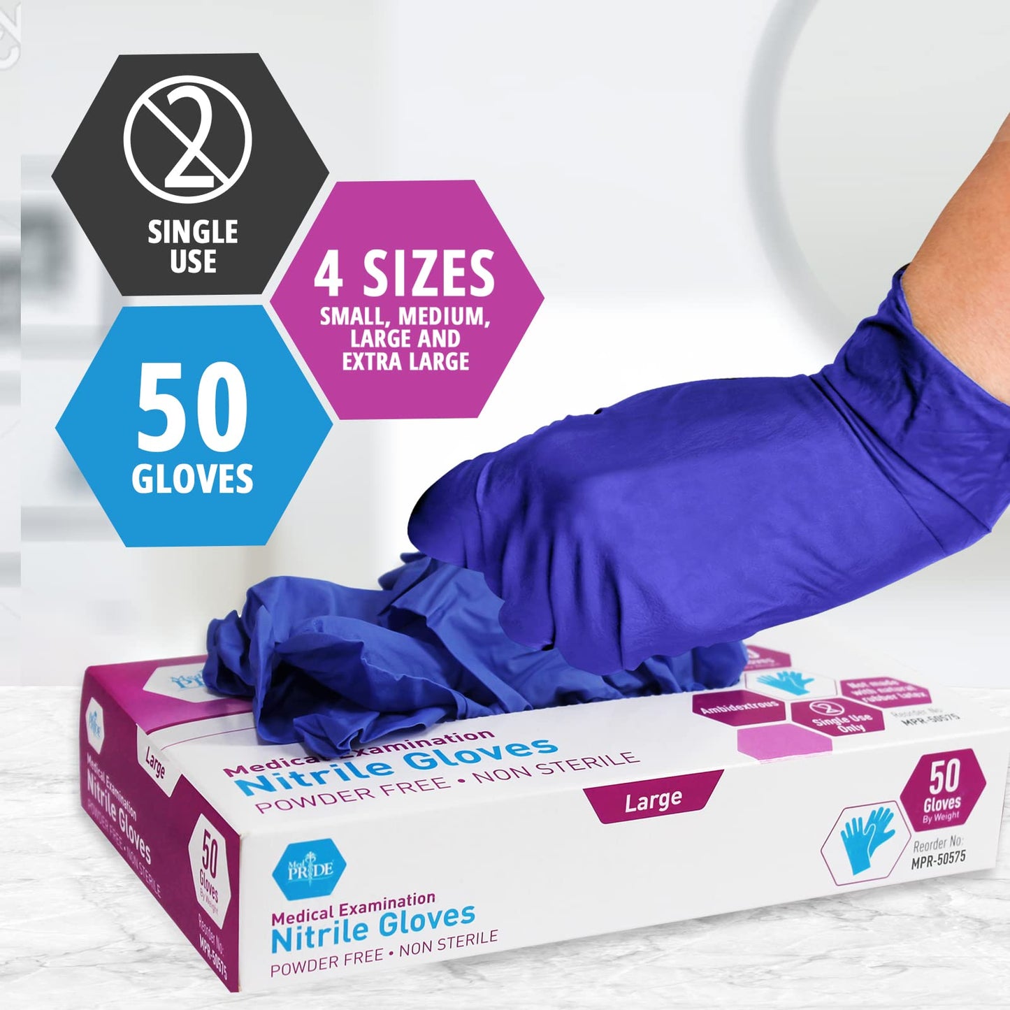 Blue Nitrile Medical Examination Gloves - Powder-Free - 50ct Box