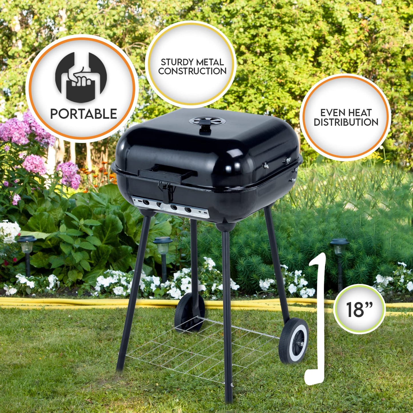 Portable 18" Charcoal BBQ Square Grill with Wheels & Cover