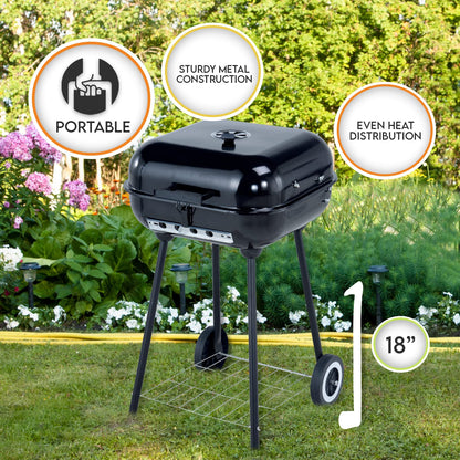 Portable 18" Charcoal BBQ Square Grill with Wheels & Cover