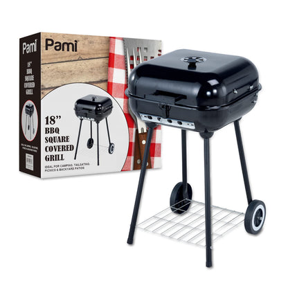 Portable 18" Charcoal BBQ Square Grill with Wheels & Cover