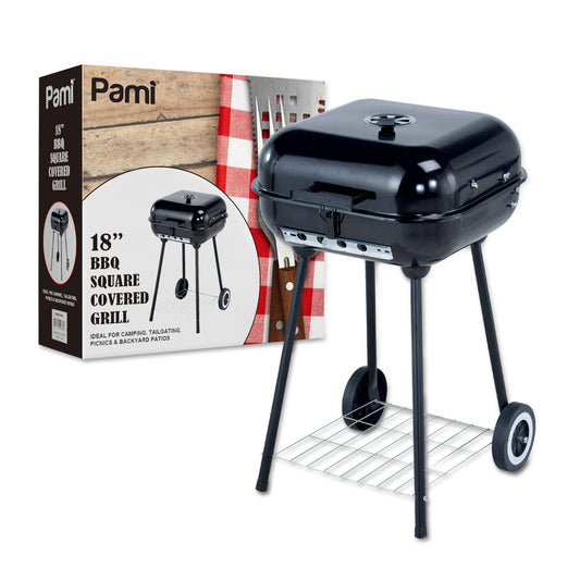 Portable 18" Charcoal Grill with Wheels – Covered Square BBQ Grill