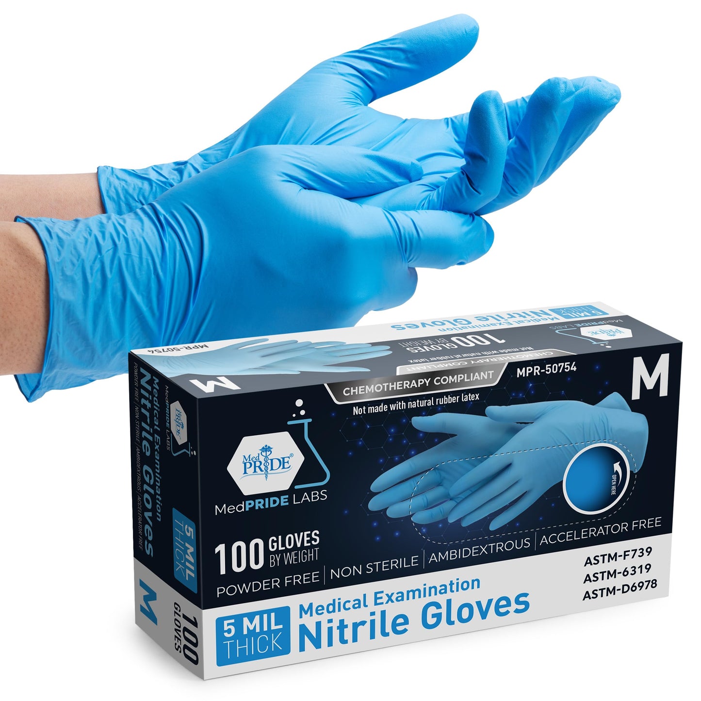 5 Mil Blue Nitrile Examination Gloves, Chemo Compliant - Box of 100