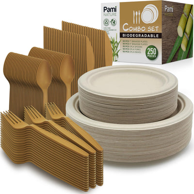 50  Compostable Dinnerware Set – Sugarcane Plates & Cutlery Bundle