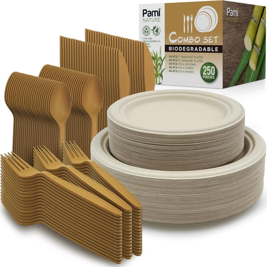 50  Compostable Dinnerware Set – Sugarcane Plates & Cutlery Bundle