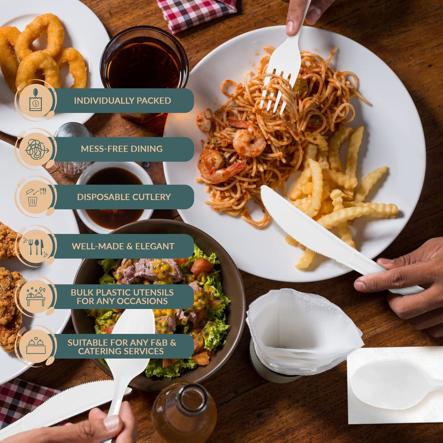 Heavy-Weight Disposable Plastic Cutlery Set – Fork, Knife, Spoon, Teaspoon & Napkin, 250 Sets