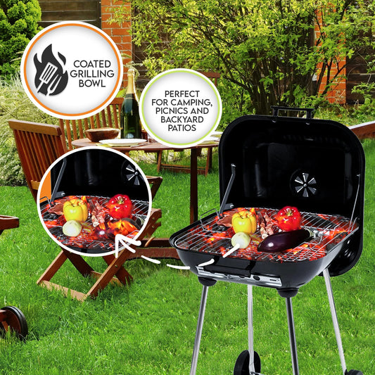 Portable 18" Charcoal Grill with Wheels – Covered Square BBQ Grill