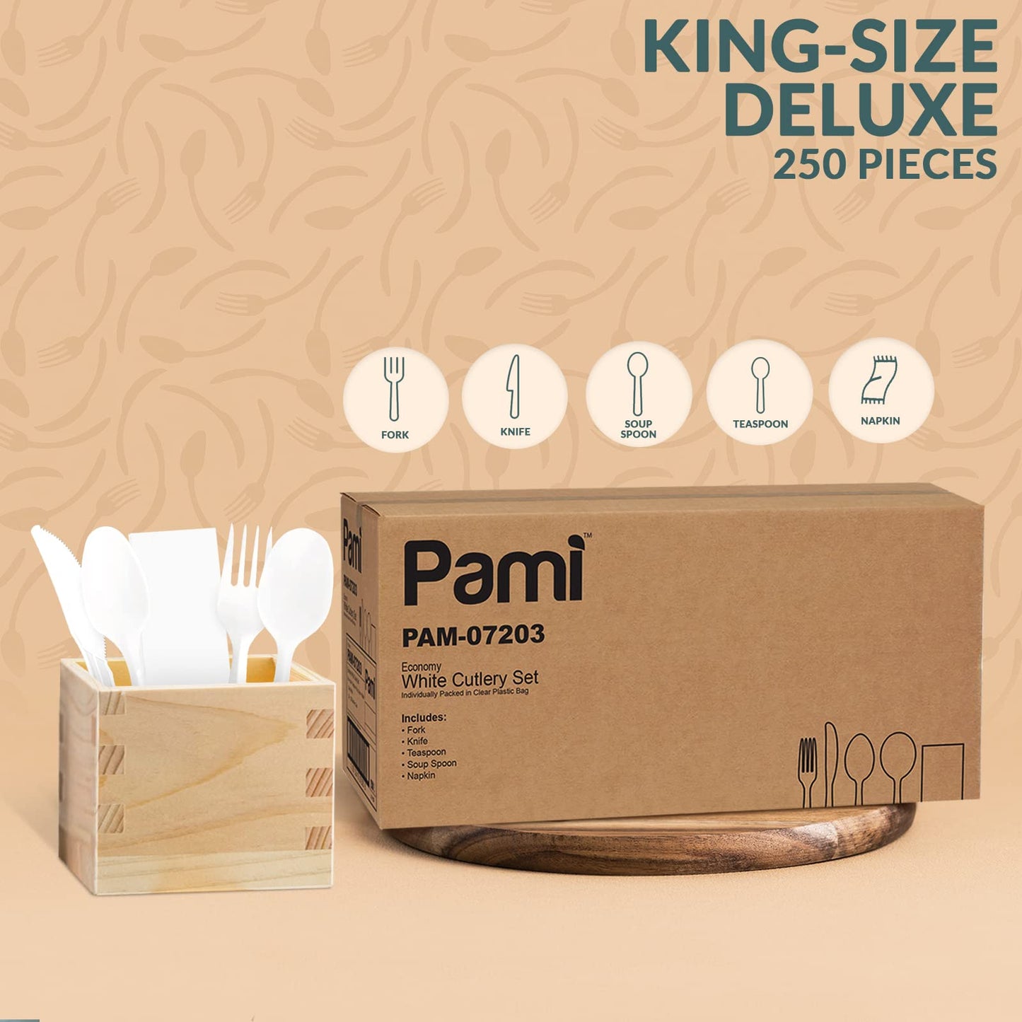 Disposable White Medium-Weight Plastic Cutlery Set – Fork, Knife, Spoon, Teaspoon & Napkin, 250 Sets