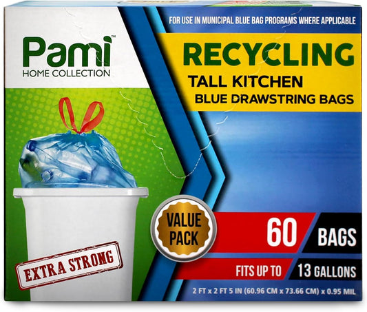 13 Gallon Drawstring Recycling Trash Bags - Extra Strong, 60 Pack