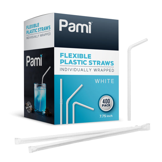 White Flexible Plastic Drinking Straws – Individually Wrapped, 7.75”