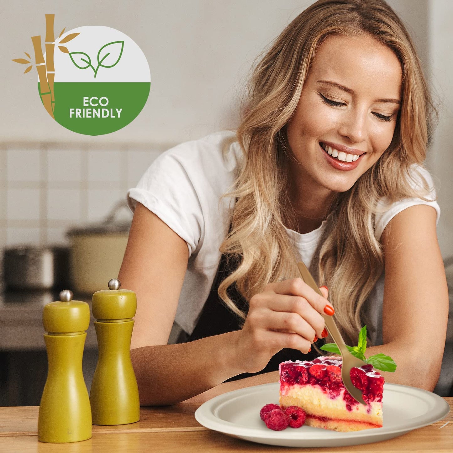 50  Compostable Dinnerware Set – Sugarcane Plates & Cutlery Bundle